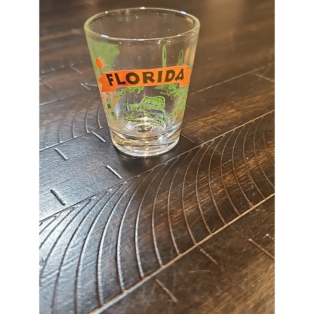 Vintage Florida Cold Shot Glass Orange Green Alligator Palms Late 70s Souvenir‎